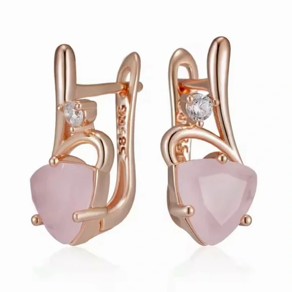 Beautiful Rose Gold 585RG Pink Natural Gem Zircon Heart Design Earrings - Picture 6 of 9